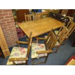 A STRIPPED ' OLD CHARM' REFECTORY TABLE WITH SIX CHAIRS AND SIDEBOARD