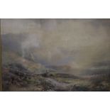 A LARGE GILT FRAMED AND GLAZED WATERCOLOUR OF A MAN AND HIS SHEEP DOG ENTITLED 'ON THE MOORS AT