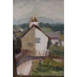 A GILT FRAMED OIL ON BOARD DEPICTING COUNTRY COTTAGES SIGNED YATES LOWER RIGHT
