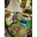 TWO BOXES OF ASSORTED METALWARE TO INCLUDE A MODERN TABLE LAMP, DOOR LOCKS ETC.
