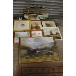 A COLLECTION OF PICTURES AND PRINTS TO INCLUDE AN ANTIQUE UNFRAMED WATERCOLOUR, OIL ON BOARD OF A