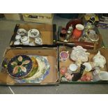FOUR TRAYS OF CERAMICS AND CHINA TO INCLUDE A NOVELTY SADLER TEAPOT, AYNSLEY ORCHARD GOLD, NAT