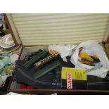 A SUITCASE OF SCALEXTRIC, 00 GAUGE MODEL RAILWAY CARRIAGES, MECCANO ETC.