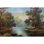 TWO FRAMED OIL ON CANVAS OF COUNTRY COTTAGES AND A WOODED RIVER SCENE