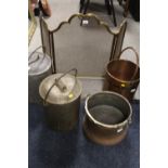 A SELECTION OF METALWARE TO INCLUDE TWO COPPER BUCKETS, TWO MILKING BUCKETS AND A FIREGUARD