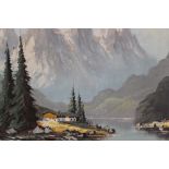 A FRAMED OIL ON CANVAS OF A MOUNTAINOUS LAKE SCENE, SIGNED LOWER LEFT - H 60 CM W 90 CM