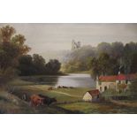 A GILT FRAMED OIL ON CANVAS OF A PASTORAL SCENE OF A FARMER AND HIS CATTLE SIGNED J.D.MORRIS LOWER
