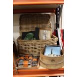 A WICKER BASKET OF COLLECTABLES TO INC TWO CAST METAL VINTAGE MINCERS, GENTS VANITY / GROOMING SET