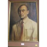 A FRAMED OIL ON BOARD PORTRAIT OF A MAN SIGNED LOWER RIGHT TAN SOEN KIONG '69? - H 59 CM W 41 CM