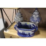 TWO MODERN LARGE ORIENTAL STYLE BLUE AND WHITE LIDDED GINGER JARS TOGETHER WITH A FOOTBATH