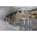 A FRANCIS R FLINT WATERCOLOUR OF AN ITALIAN LAKE SCENE SIGNED LOWER LEFT - H 28 CM W 38 CM