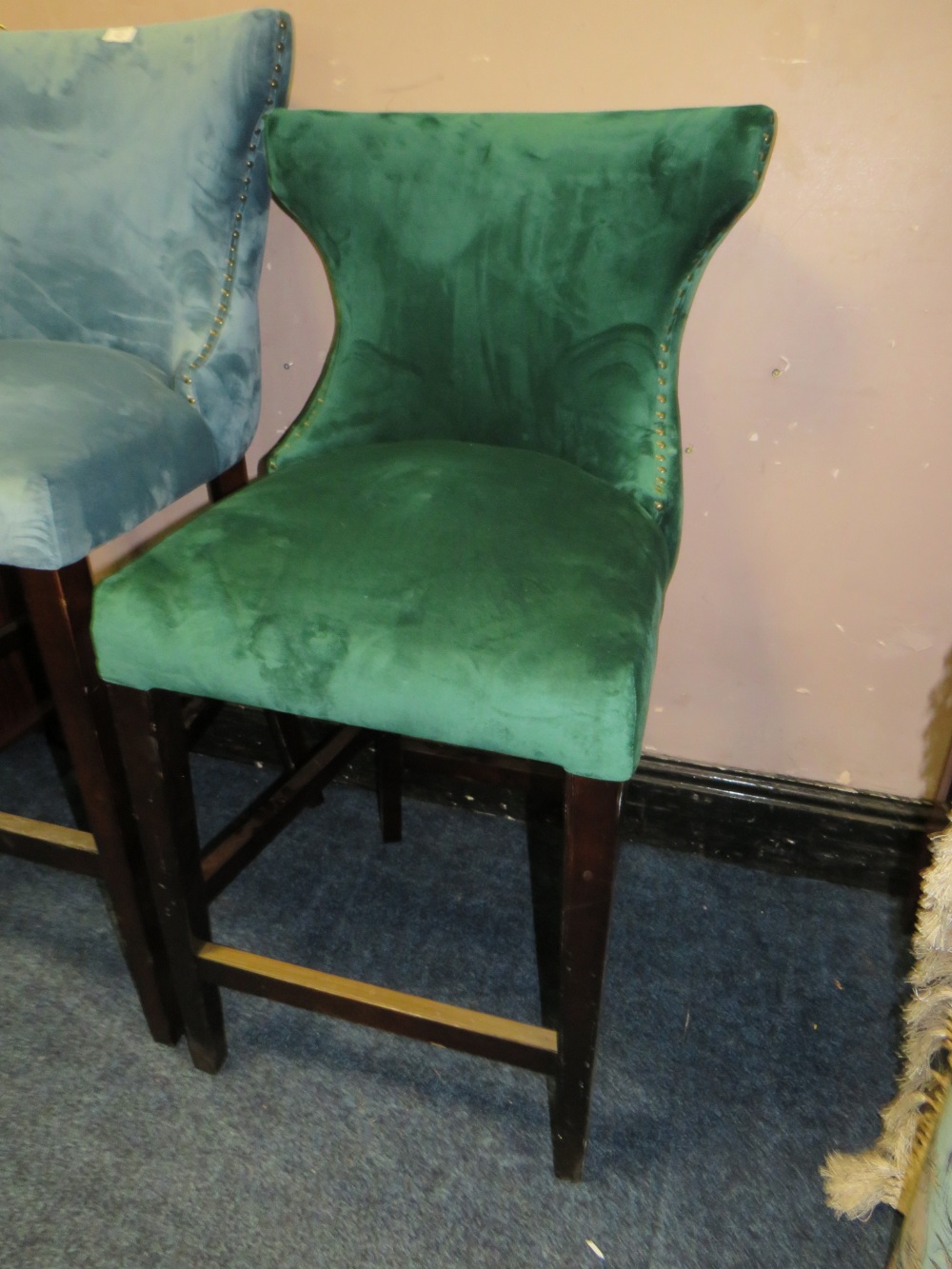A MODERN UPHOLSTERED KITCHEN STOOL AND A SIMILAR LOWER GREEN EXAMPLE (2) - Image 2 of 4