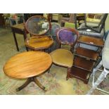 A VICTORIAN MAHOGANY CHAIR, TWO OCCASIONAL TABLES, WOT-NOT, MIRROR AND FIRESCREEN (6)
