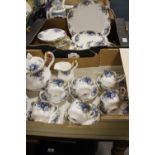 TWO TRAYS OF ROYAL ALBERT MOONLIGHT ROSE PATTERN TEA AND DINNERWARE COMPRISING APPROXIMATELY AN