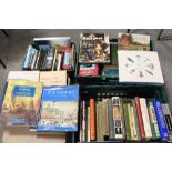 FOUR BOXES OF ASSORTED BOOKS TO INCLUDE ANTIQUE REFERENCE GUIDES, ART BOOKS ETC