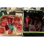 TWO TRAYS OF ASSORTED MODERN AND VINTAGE CRANBERRY GLASSWARE ETC TO INCLUDE DRINKING GLASSES, A
