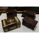 A SELECTION OF FOUR WOODEN BOXES TO INC TWO VINTAGE JEWELLERY BOXES