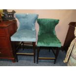 A MODERN UPHOLSTERED KITCHEN STOOL AND A SIMILAR LOWER GREEN EXAMPLE (2)