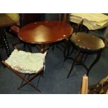 A 20TH CENTURY OVAL MAHOGANY TABLE, EDWARDIAN TABLE AND SEWING BAG (3)