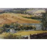 A FRAMED AND GLAZED WATERCOLOUR OF A HILLSIDE VIEW BY BARBARA STEWART - H 35.5 CM W 43.5 CM