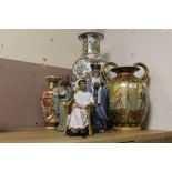 A SELECTION OF SIX MODERN ORIENTAL STYLE ITEMS COMPRISING THREE FIGURES AND THREE VASES OF