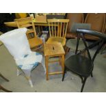 A VINTAGE WOODEN SCHOOL STOOL, TWO METAL BENTWOOD CHAIRS AND THREE OTHER CHAIRS (6)