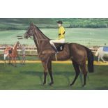 A LARGE FRAMED OIL ON CANVAS PORTRAIT OF THE RACEHORSE ARKLE - H 70 CM W 90 CM