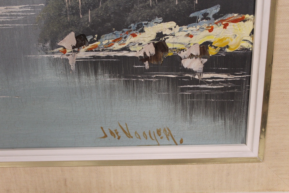 A FRAMED OIL ON CANVAS OF A MOUNTAINOUS LAKE SCENE, SIGNED LOWER LEFT - H 60 CM W 90 CM - Image 3 of 4