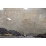 A FRAMED AND GLAZED WATERCOLOUR OF YACHTS ON A LAKE SIGNED RON GREEN LOWER LEFT - H 33 CM W 51 CM