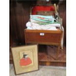 A VINTAGE SEWING BOX AND VARIOUS MATERIAL TO INCLUDE A FRAMED 'THE ROBIN'S SONG' PICTURE