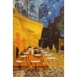 A LARGE CANVAS PRINT OF AN IMPRESSIONIST PAINTING OF A STREET CAFE SCENE - H 125 CM W 76.5 CM