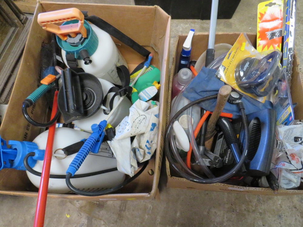 TWO BOXES CONTAINING VARIOUS CROP SPRAYERS, AUTOMOTIVE AND GARDEN HARDWARE