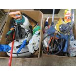 TWO BOXES CONTAINING VARIOUS CROP SPRAYERS, AUTOMOTIVE AND GARDEN HARDWARE