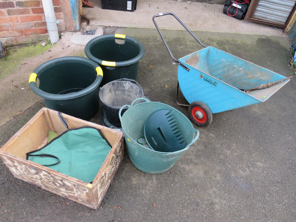 A GARDENA WHEEL BARROW WITH A SELECTION OF GARDEN BUCKETS WOODEN BOX AND TRUG