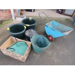 A GARDENA WHEEL BARROW WITH A SELECTION OF GARDEN BUCKETS WOODEN BOX AND TRUG