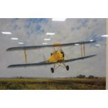 A SIGNED LIMITED EDITION FRAMED AND GLAZED PRINT OF A BI-PLANE ENTITLED 'HAPPY DAYS'BY GERALD