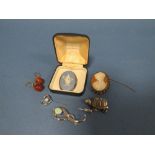 A COLLECTION OF VINTAGE COSTUME JEWELLERY TO INCLUDE A CAMEO BROOCH AND WEDGWOOD PENDANT