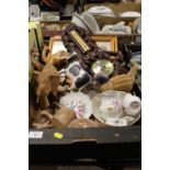 A BOX OF VARIOUS WOODEN ANIMALS ETC, TO INC A CARVED WOODEN BAROMETER AND A SELECTION OF ROYAL CROWN