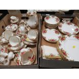 TWO TRAYS OF ROYAL ALBERT OLD COUNTRY ROSES TEA AND DINNERWARE TO INCLUDE A COFFEE POT, CUPS &