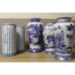 A SELECTION OF FIVE MODERN ORIENTAL STYLE BLUE AND WHITE VASES