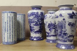 A SELECTION OF FIVE MODERN ORIENTAL STYLE BLUE AND WHITE VASES