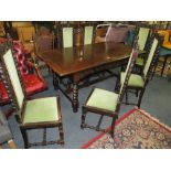 AN OAK 20TH CENTURY JACOBEAN STYLE REFECTORY DINING TABLE WITH SIX CARVED BARLEYTWIST CHAIRS - TABLE