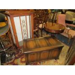 A REPRODUCTION DRUM TABLE, VINTAGE CHINA CABINET AND AN OAK BLANKET BOX (3)
