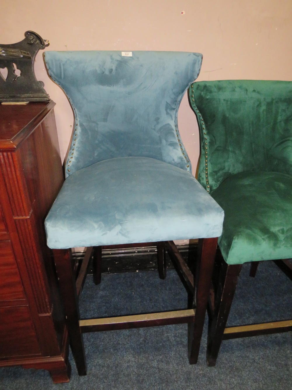 A MODERN UPHOLSTERED KITCHEN STOOL AND A SIMILAR LOWER GREEN EXAMPLE (2) - Image 3 of 4