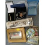 A COLLECTION OF ASSORTED COSTUME JEWELLERY TOGETHER WITH A SELECTION OF MINIATURE PORTRAITS ETC