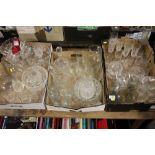 THREE TRAYS OF ASSORTED GLASSWARE TO INCLUDE A LEMONADE JUG AND GLASSES, CUT GLASS BOWLS,