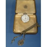 A VINTAGE WHITE METAL CASED POCKET WATCH MARKED FINE SILVER TOGETHER WITH A BASE METAL ALBERT