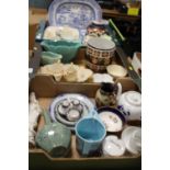 THREE TRAYS OF ASSORTED CERAMICS TO INCLUDE ORIENTAL VASE AND FIGURINE, A WADE JOHNNIE WALKER