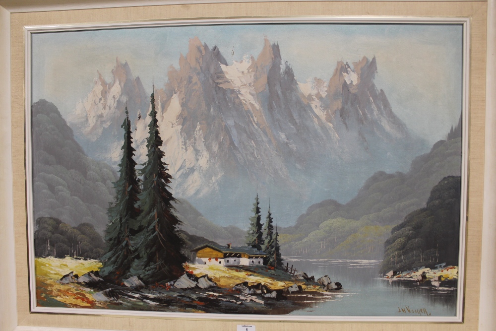 A FRAMED OIL ON CANVAS OF A MOUNTAINOUS LAKE SCENE, SIGNED LOWER LEFT - H 60 CM W 90 CM - Image 2 of 4