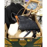 A BOX OF ASSORTED VINTAGE HUNTING / RIDING ATTIRE TO INCLUDE TWO JACKETS, A HUNT WHIP ETC,